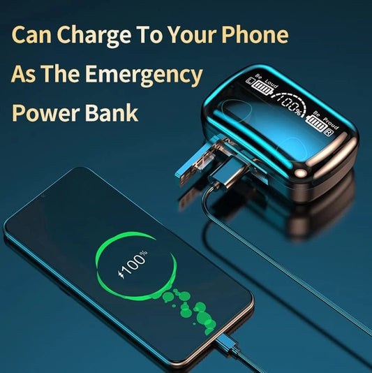 Portable power bank charging a smartphone with text 'Can Charge To Your Phone As The Emergency Power Bank' on a dark blue background.