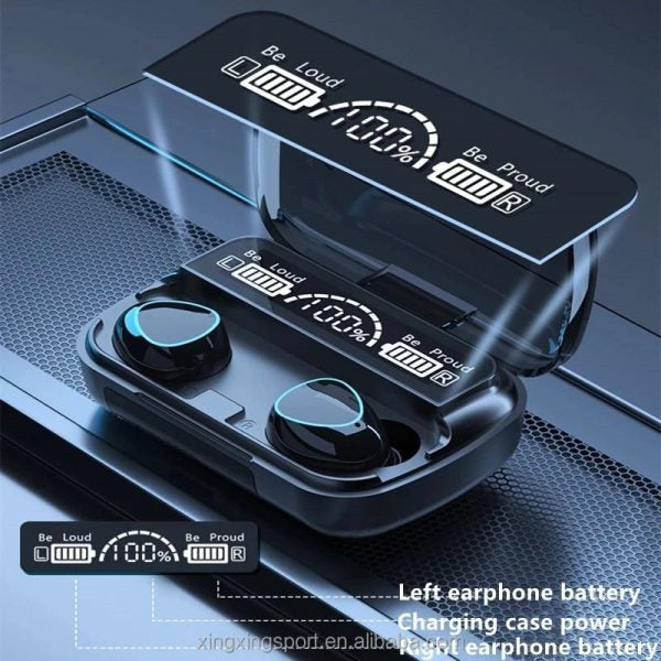 Black wireless earbuds with charging case displaying battery levels on a dark background