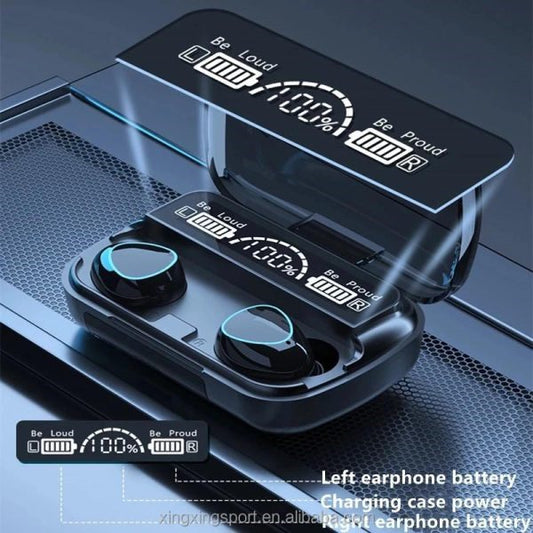 Black wireless earbuds with charging case displaying battery levels on a dark background