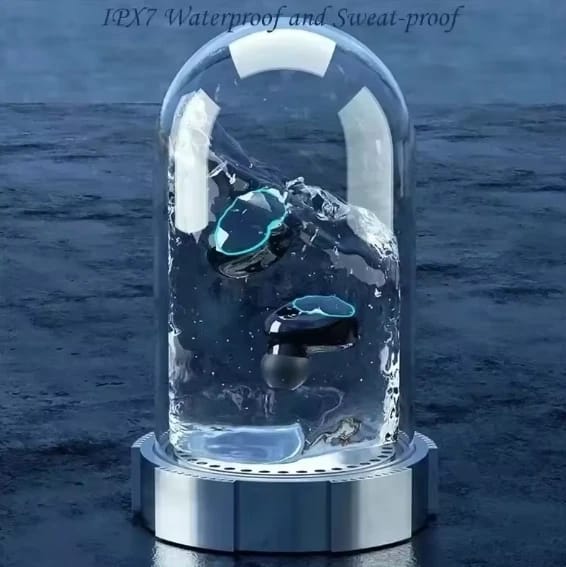Waterproof earbuds in a clear dome with water around them, set against a blue ocean background.