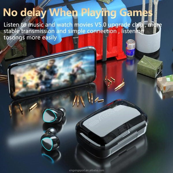 Wireless earbuds with charging case on a reflective surface with text about gaming and music experience.