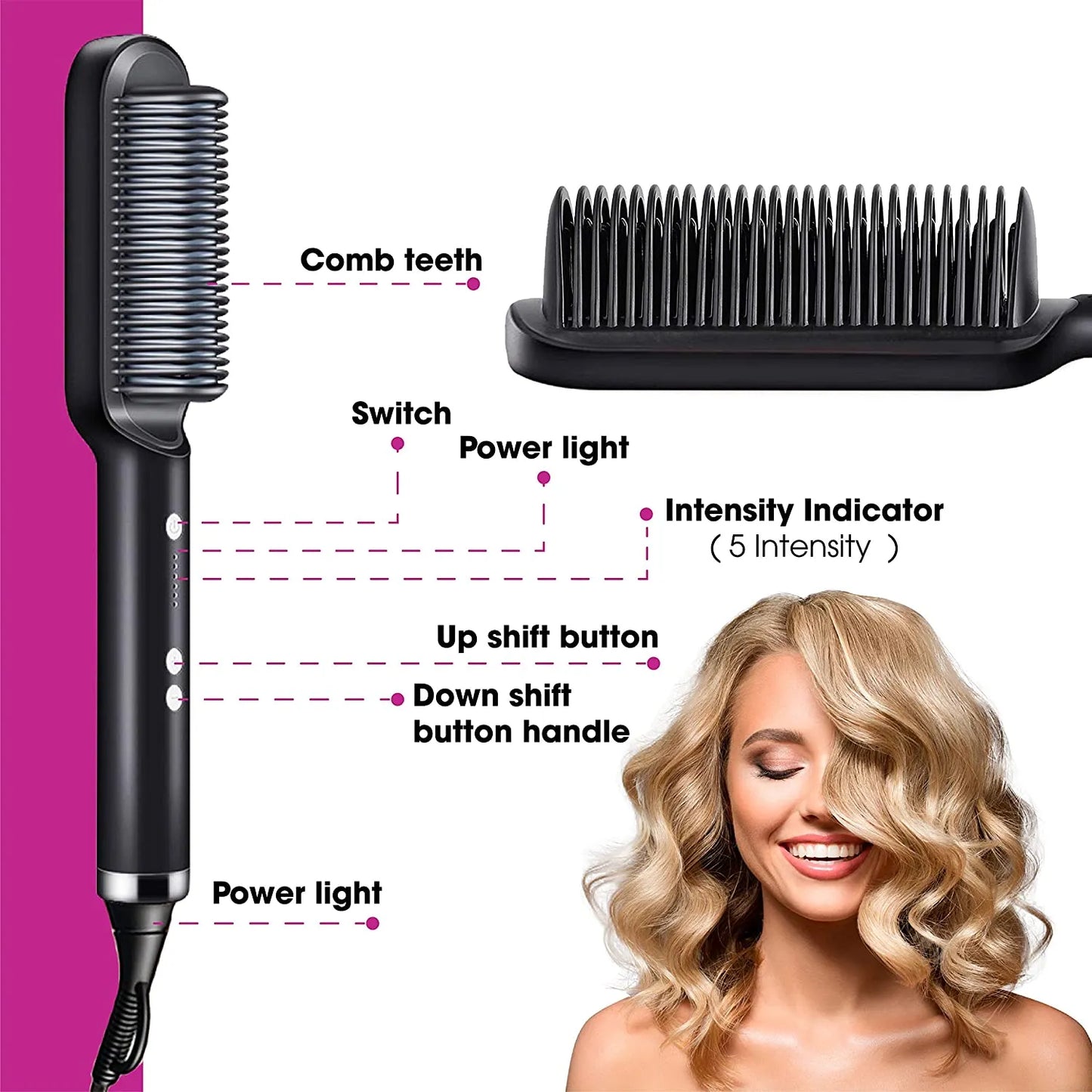 Hair Straightening Brush – Fast Heating Ceramic Comb with 5 Adjustable Heat Levels | Anti-Scald & Lightweight | Perfect for Women & Girls