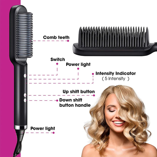Hair Straightening Brush – Fast Heating Ceramic Comb with 5 Adjustable Heat Levels | Anti-Scald & Lightweight | Perfect for Women & Girls